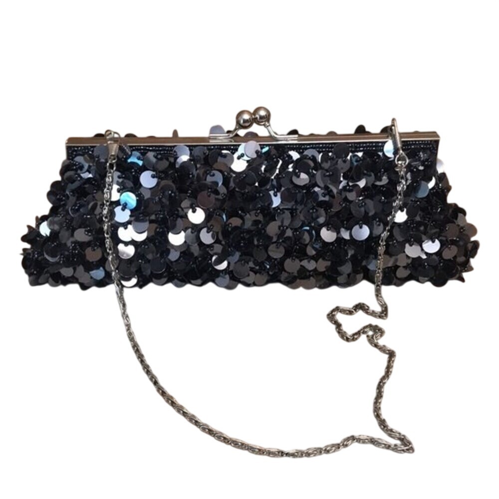 Vintage Y2K black sequin beaded clutch cocktail purse evening bag with chain - Picture 4 of 11